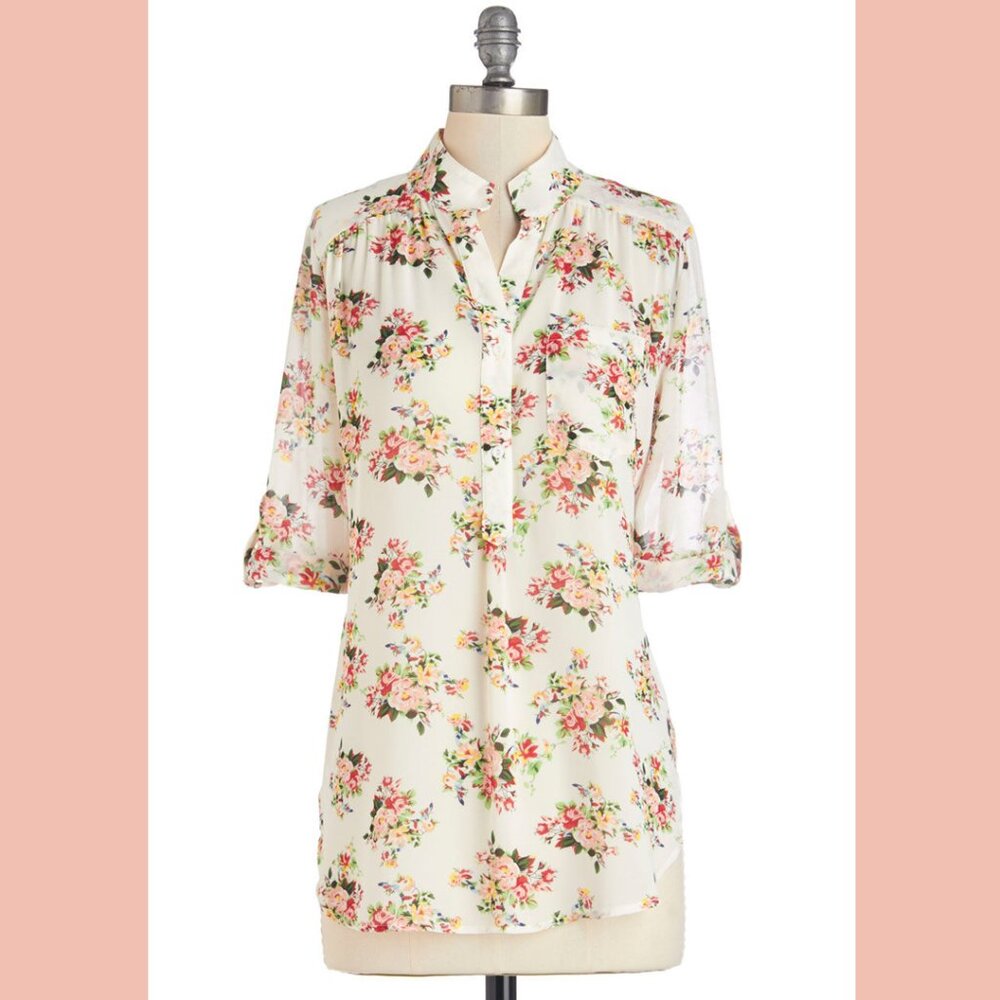 Modcloth Cals Blouse Shirt Sheer Cream Floral Flower Button Down Pink Red Cuffed